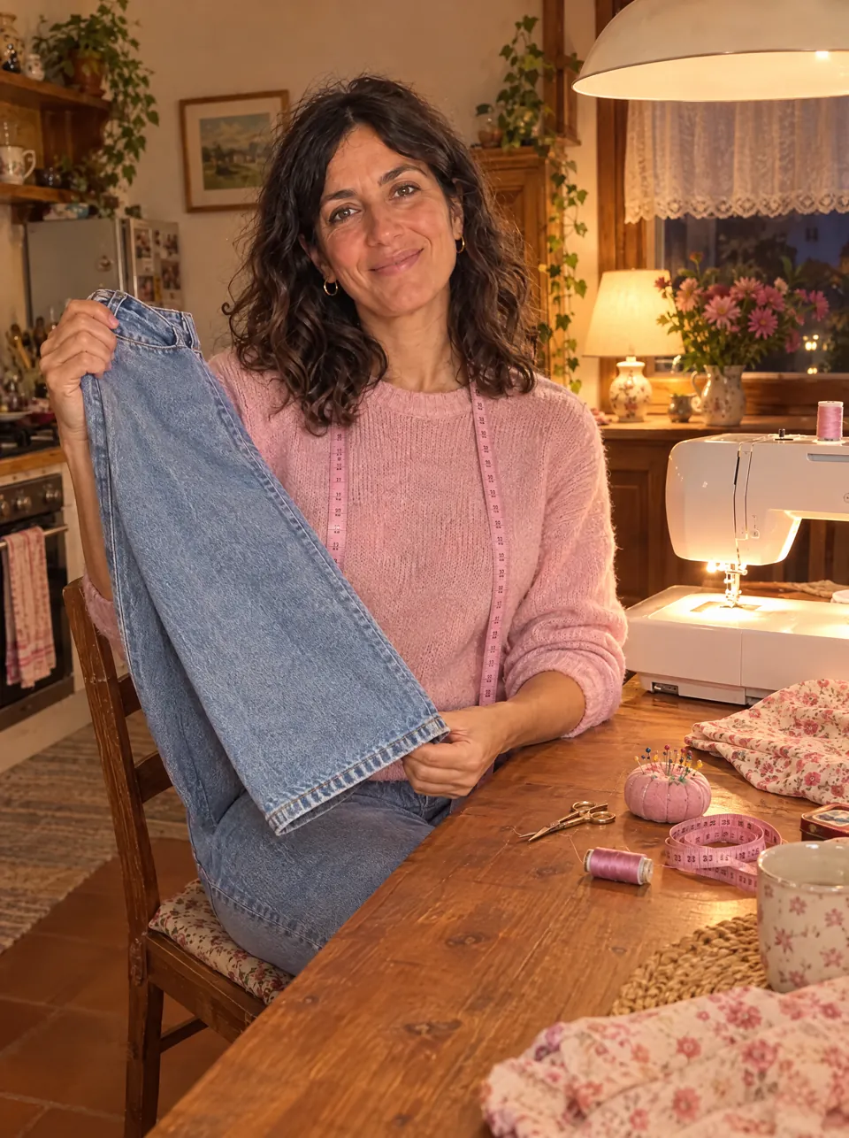 Laura al tavolo di cucina mostra i jeans appena orlati