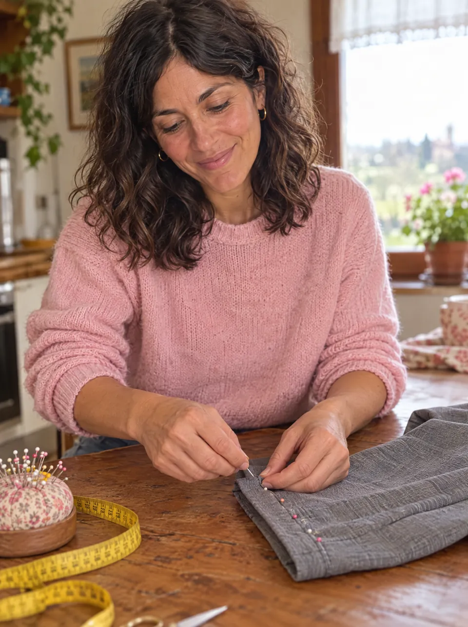 Le mani di Laura appuntano l'orlo di un pantalone grigio