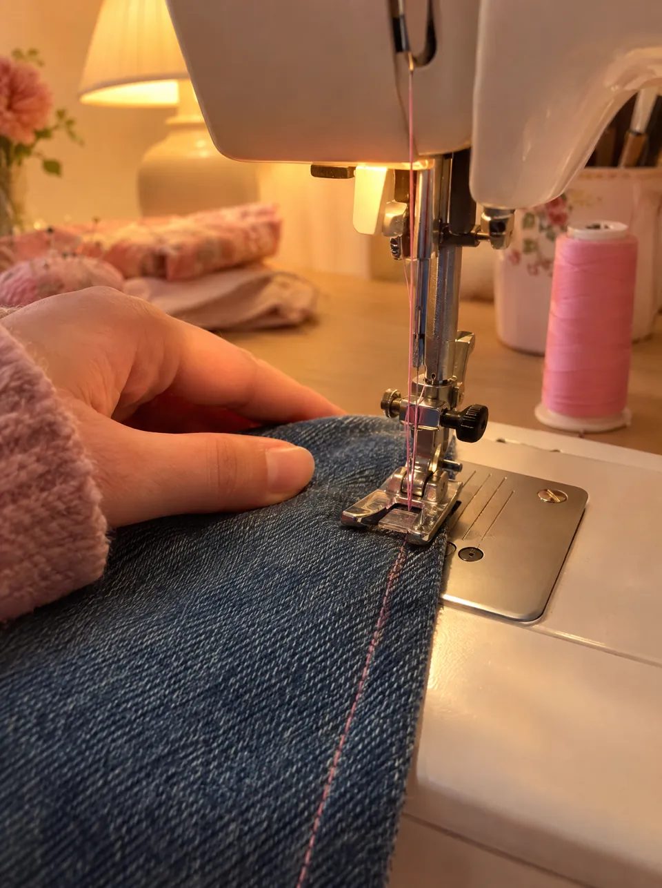 Il piedino della macchina cuce una linea dritta sul jeans