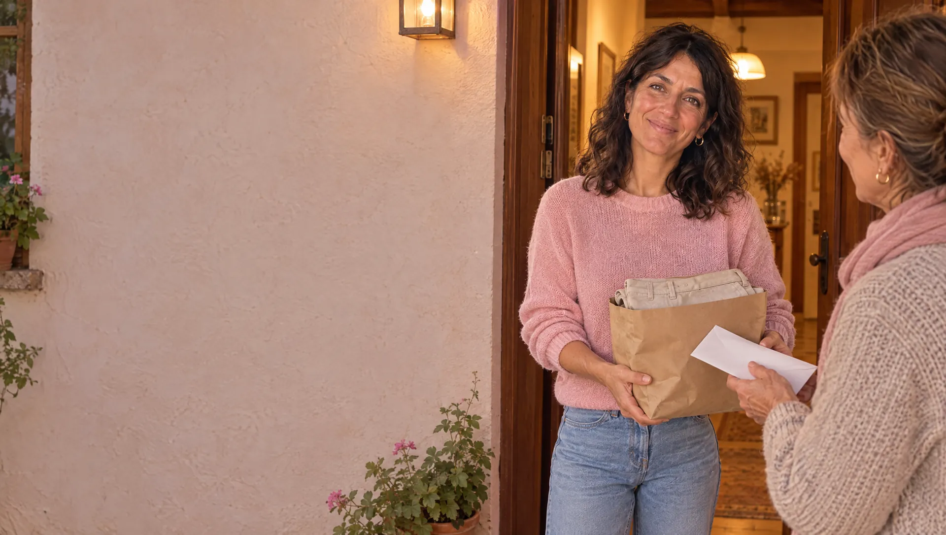 Laura consegna un pantalone sistemato alla vicina e riceve la busta